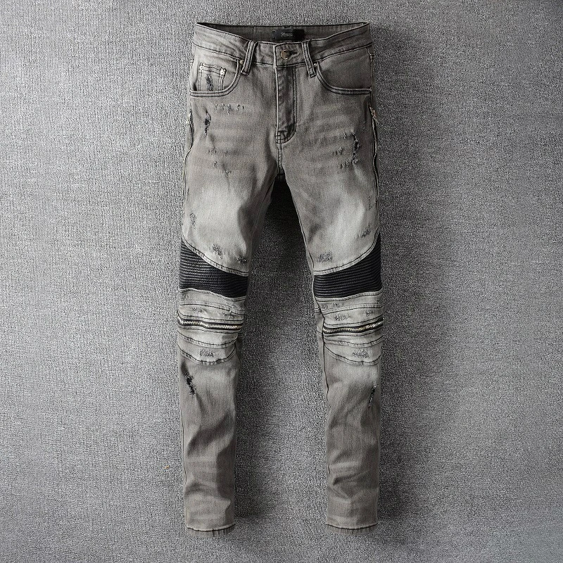 

Grey Zipper Pleated Jeans Men Slim Fit Distressed Jeans For Men Motocycle Biker Jeans Pants Men Hip Hop Calsas Masculina Jeans