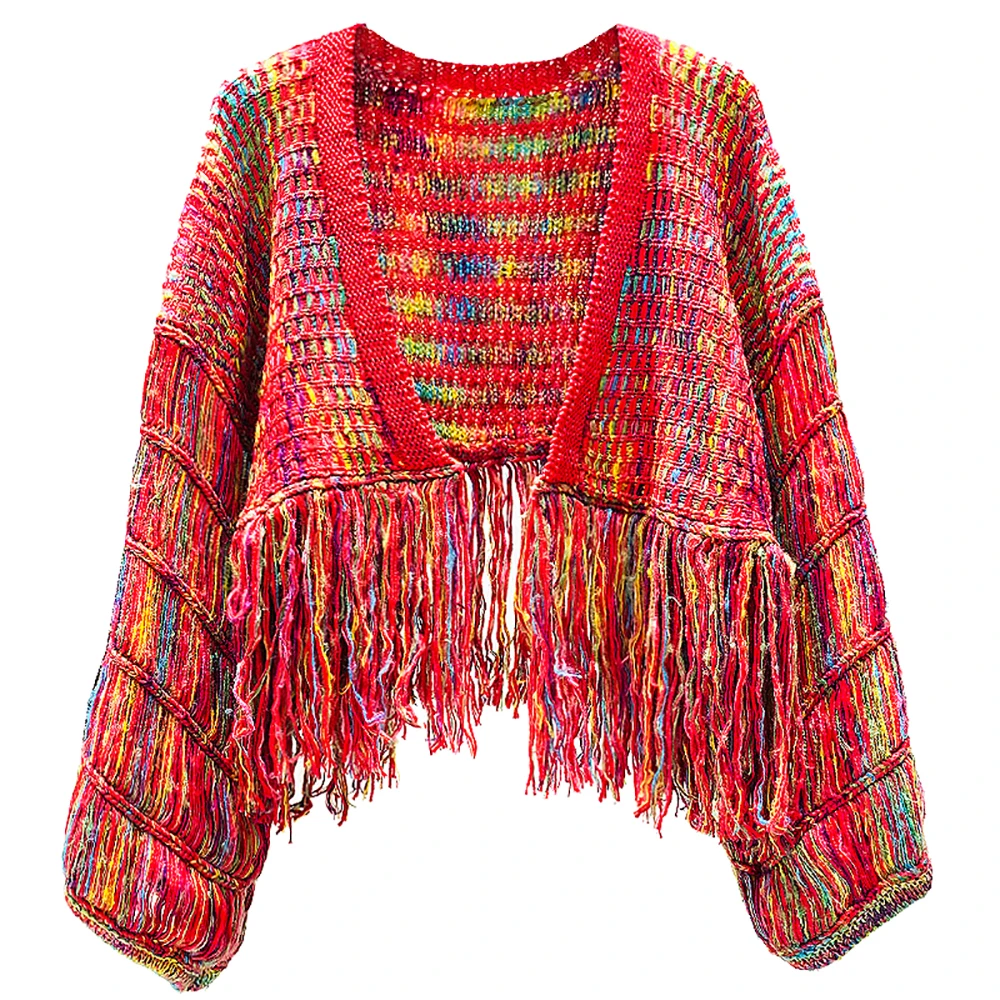 

YUANYUANJYCO Autumn Women Short Streetwear Acrylic Knitted Cardigan MY47 Multicolor Print Cropped Tops Puff Long Sleeve Tassel