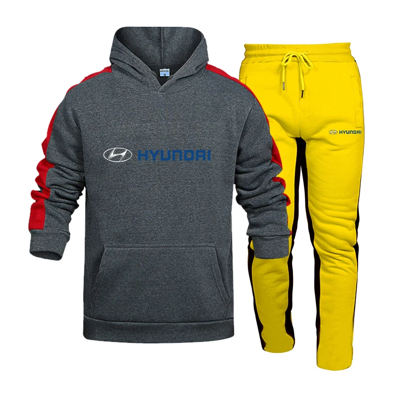 

hyundri Car LOGO Spring Autumn Men Hoodies Suit Fashion Casual Tracksuit Mens Set Sports Two Piece Stripe Hoodie Pant Male Sets