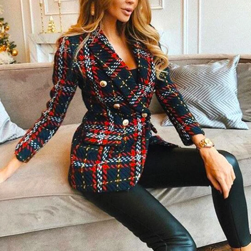 

Red Plaid Blazer 2021Women Spring-Autumn Vintage Tweed Suits Jackets Office Ladies Chic Slim Blazers Girls Tassel Tops Set Coat