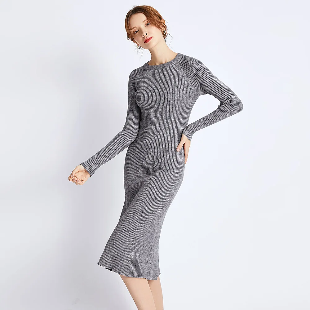 SINGRAIN осеннее женское однотонное платье свитер плотное теплое базовое миди
