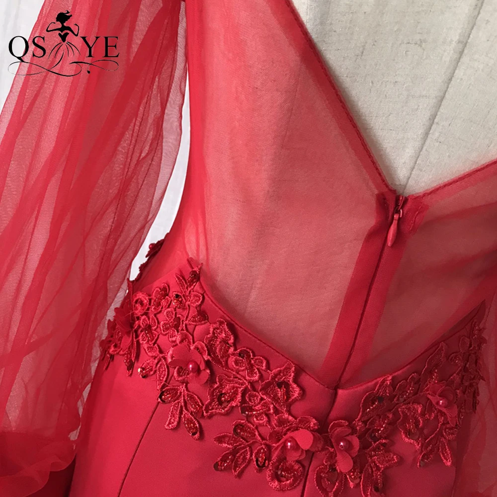 

Red Evening Dresses Sweetheart Long Sleeves Mermaid Evening Gown Red Bead Flowers Party Dress Shoulder Straps Formal Dress