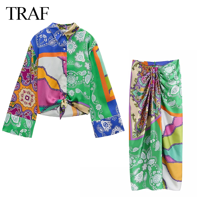 

TRAF Women Summer Dress Za Summer Bowknot Patchwork Printed Long Sleeve Shirt Retro Blouse High Waist Suckling Zipper Long Skirt