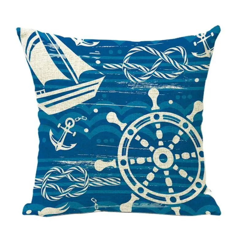 Наволочка современный руль якорь маяк парусник 1 Боковая печать льняная