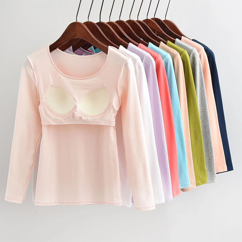 Футболка женская со встроенным бюстгальтером эластичный хлопковый топ с