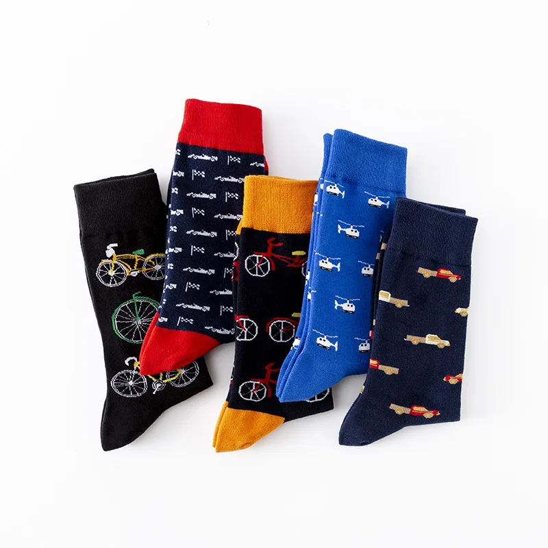 Men Happy Cotton Socks Transportation Design Crew Socks Bicycle Motorcycle Car Helicopter Embroidery Male Socks Skateboard Socks