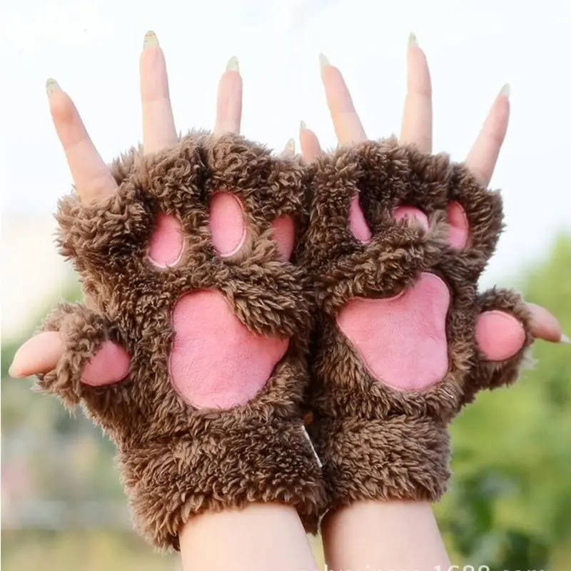 

Vrouwen Leuke Kat Claw Paw Pluche Wanten Warme Zachte Pluche Korte Vingerloze Pluizige Beer Kat Handschoenen Kostuum Half Vinger