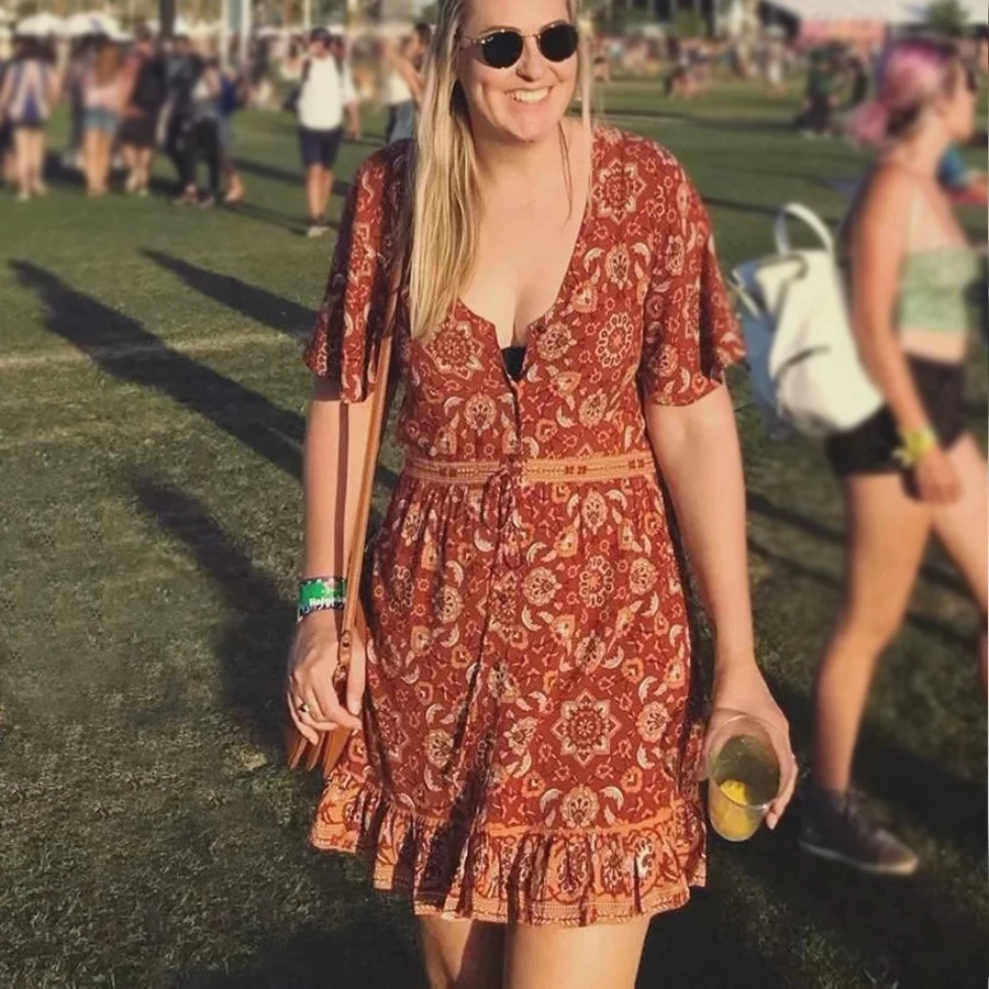 Женское мини платье в стиле бохо с V образным вырезом и цветочным принтом|Женские