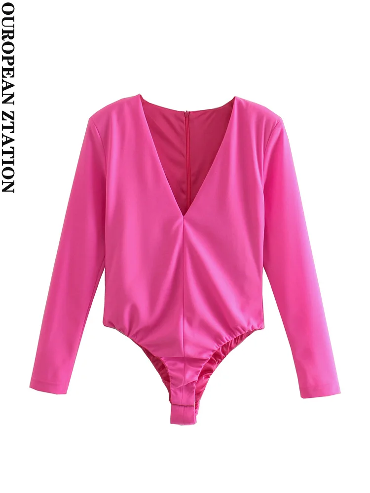 

Women 2021 fashion with shoulder pads snap-button bodysuits vintage long sleeve back zipper female playsuits mujer
