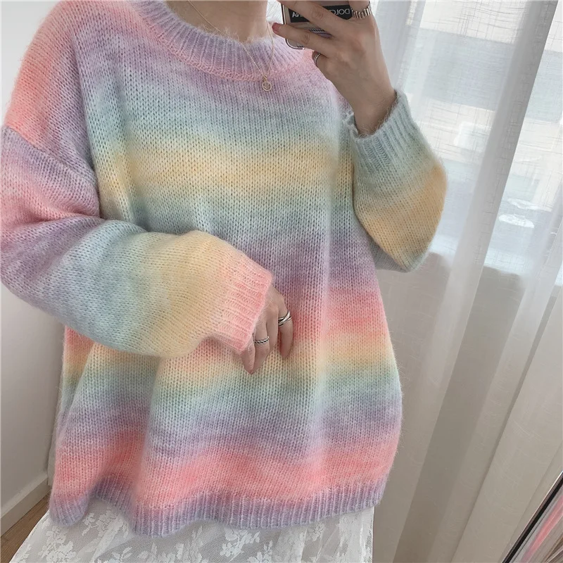 

Korean Rainbow Sweaters Students Girls Sweety Winter Women Pullovers Mohair Knitted Soft Gradient Femme Striped O-Neck Warm Tops