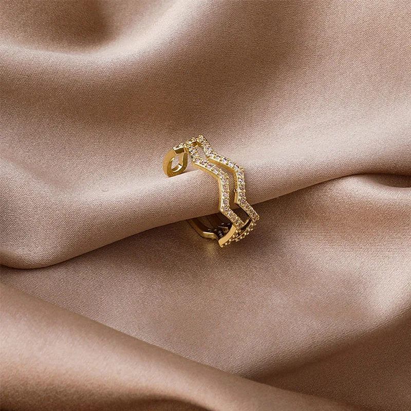 

2021 New Design Zircon Gold-Color Open Women Ring Luxury Korean Fashion Finger Jewelry Wedding Party Unusual Female Accessories