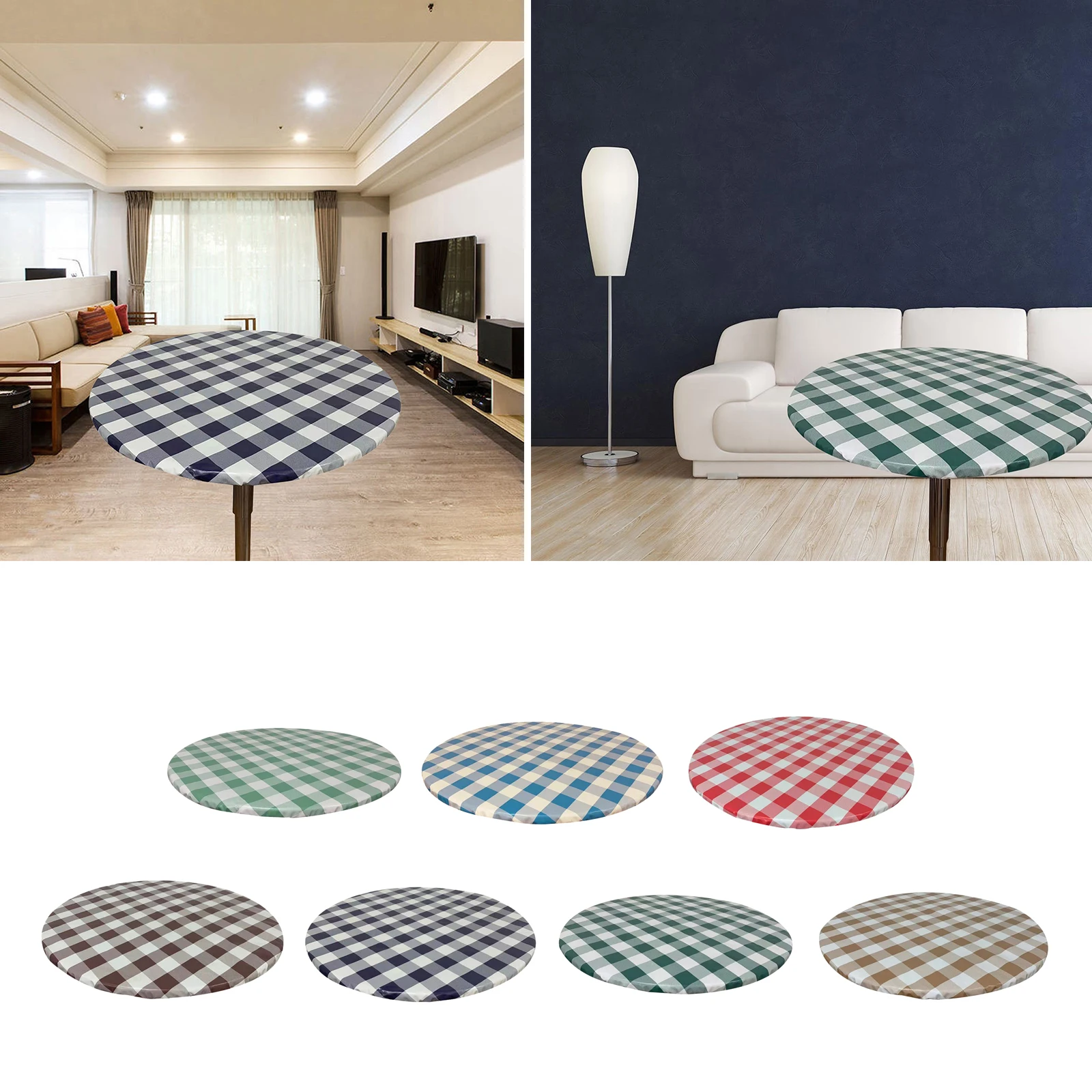 

Round Simple Plaid Table Cover Stain-proof Stretch Elastic Edged for Party