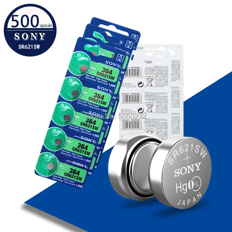 

500pcs Sony 364 100% Original 1.55V Silver Oxide Watch Battery 364 SR621SW V364 SR60 SR621 AG1 Button Coin Cell MADE IN JAPAN