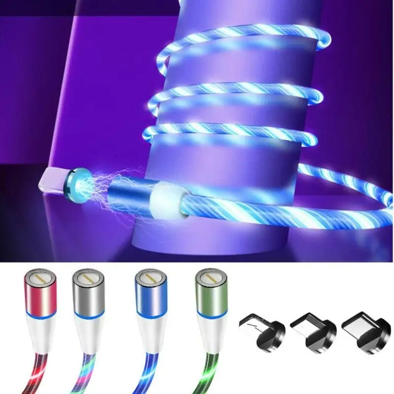 

3 in 1 Flowing Light Magnetic Charging Mobile Phone Charging Cable 1 2M for iphone charger Wire for Samaung LED Micro USB Type C