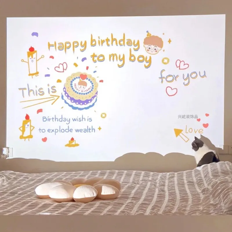 L&aacute;mpara de proyecci&oacute;n de feliz cumplea&ntilde;os, Linda decoraci&oacute;n de fondo, proyector de luz de tama&ntilde;o Mini-4