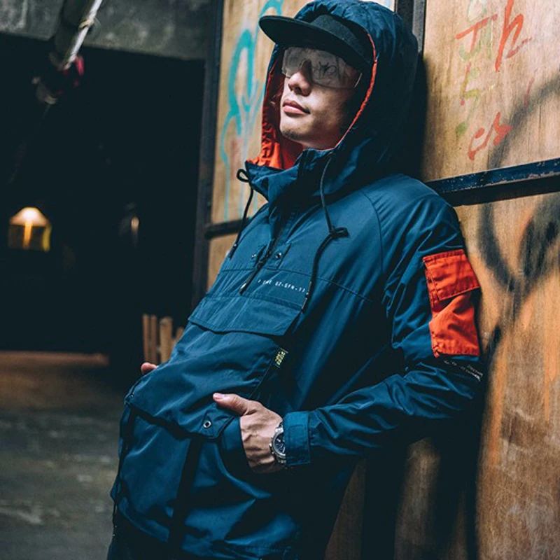 

Tide Brand Front Pocket Pullover Jackets Men Autumn Half Zipper Hoodie Jacket Male Hip Hop Casual Windbreaker Coat Streetwear
