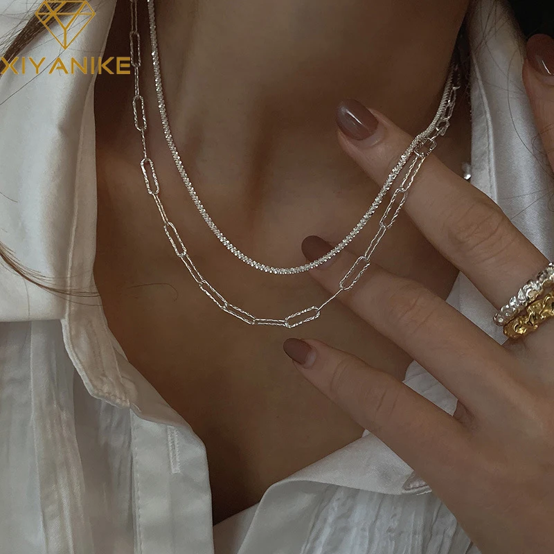 

Goldria 925 Sterling Silver Geometric Ring Connected Full Zircon Rhinestone Chain Necklace Female Light Luxury Unique Design
