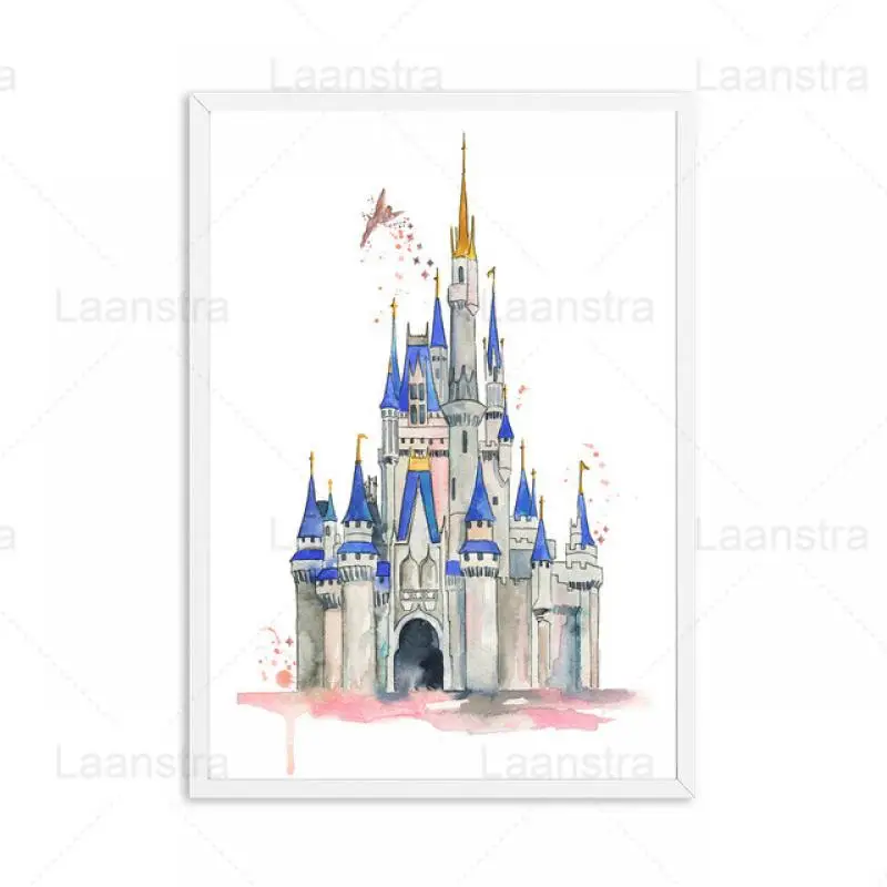 

Watercolor Painting Cartoon Castle Nordic Poster and Print Wall Art Canvas Painting Nursery Decor Princess Girl Mural Home Decor
