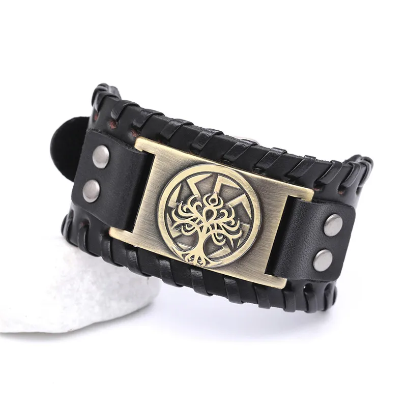 wide black-bronze Skyrim Viking славянский Коловрат мир браслет с деревом для мужчин Древо жизни Yggdrasil солнце колесо языческий амулет ювелирные изделия панк нео-Готика - Окраска металла: wide black-bronze