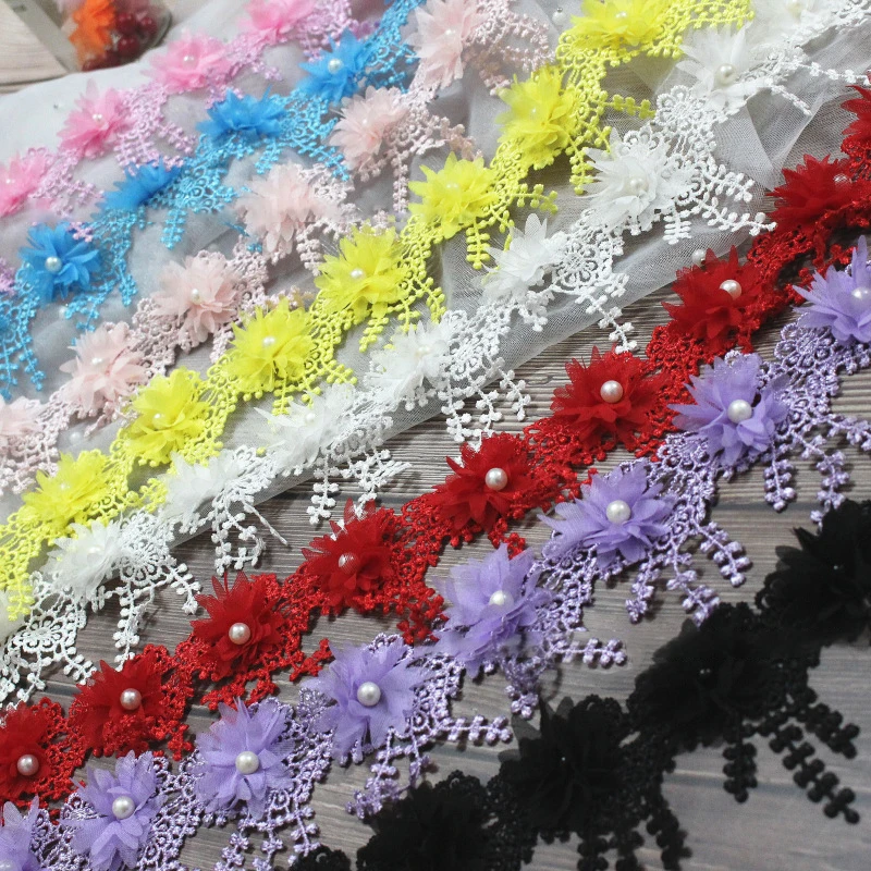 

1 yards 3D Beaded Chiffon flower water soluble Tassel lace Ribbon for diy headwear dress decor