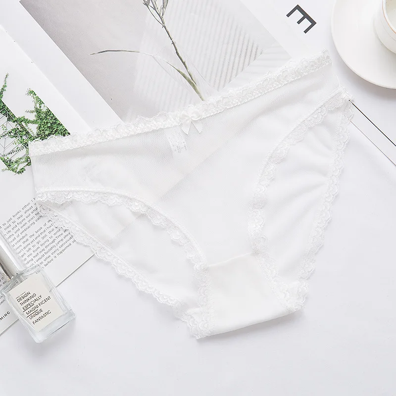 Women Underwear Seamless Briefs Low Waist Lace Ice Silk Bow Breathable Comfortable Tempting Female Lingerie Panties UW44