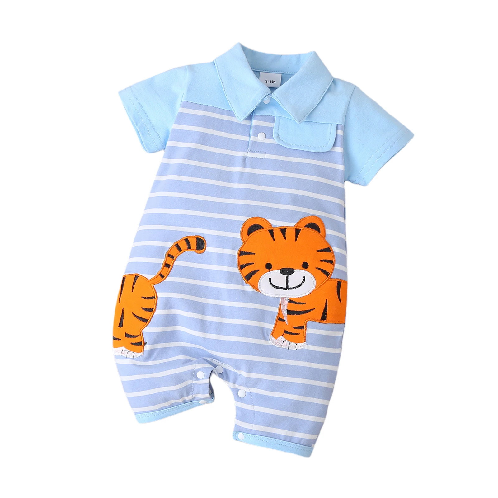 

2021 Toddler Summer Rompers Cartoon Tiger Print Stripes Turn-Down Collar Short Sleeves Jumpsuits for Baby Boys 3-18 Months