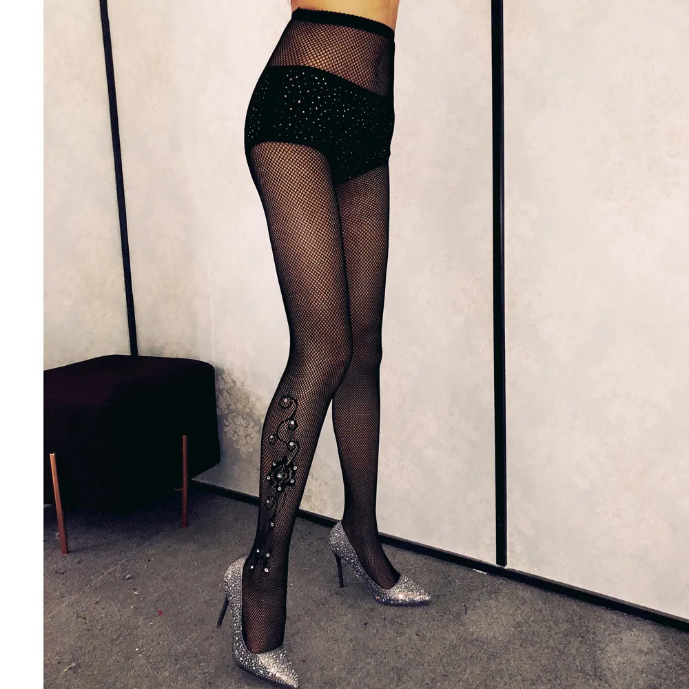 Женские чулки в сетку Колготки с бриллиантами блестящие сетчатые колготки