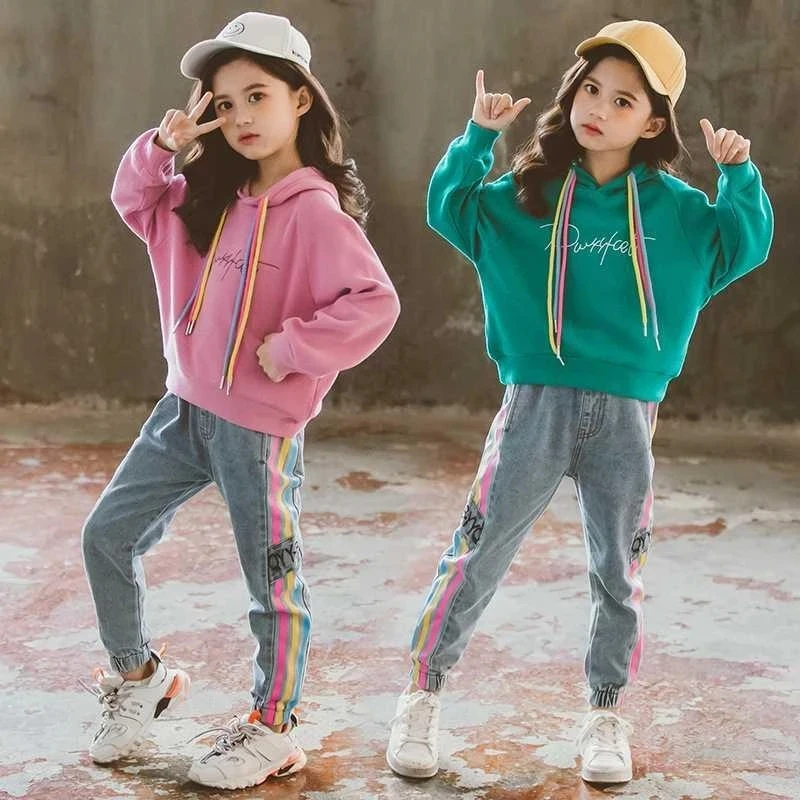 New Autumn Spring Girls Clothing Suits Pullover Kids Colored Cotton Sweatshirt Tracksuit Sport Suits Outwear Jean Pants