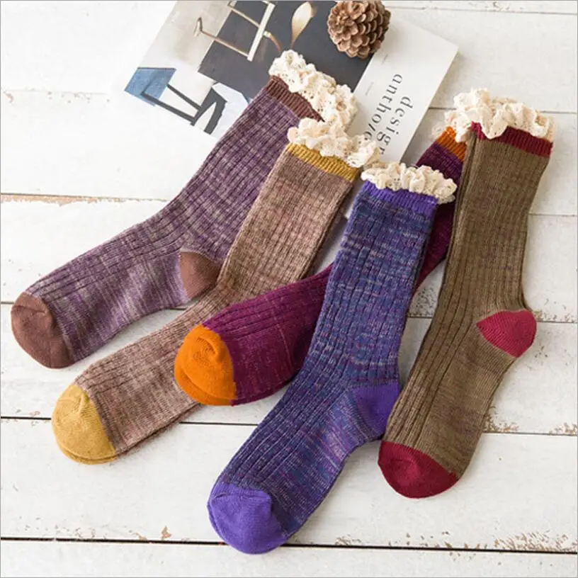 Thick Cotton Socks for Women Lace Cuff Ribbed Marled Yarn Multi Winter Ankle Socks Warm Crew Sock 5Pairs/ Lot