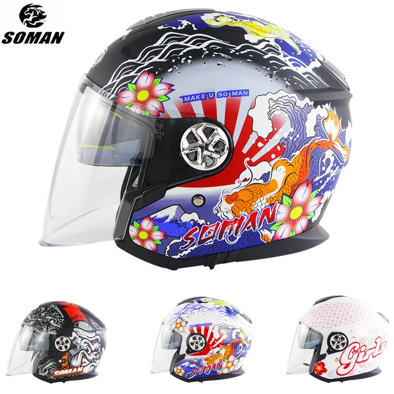 

Мотоциклетный шлем с открытым лицом, одобренный в горошек, Электрический скутер для езды на мотоцикле, 3/4 Половина шлема, солнцезащитный коз...