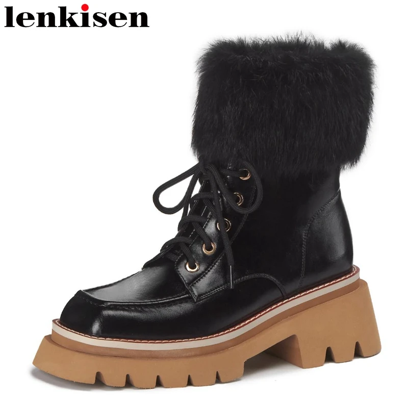 

Lenkisen кроличьи меховые короткие сапоги из коровьей кожи зимние офисные женские ботильоны с перекрестной шнуровкой на платформе с квадратны...