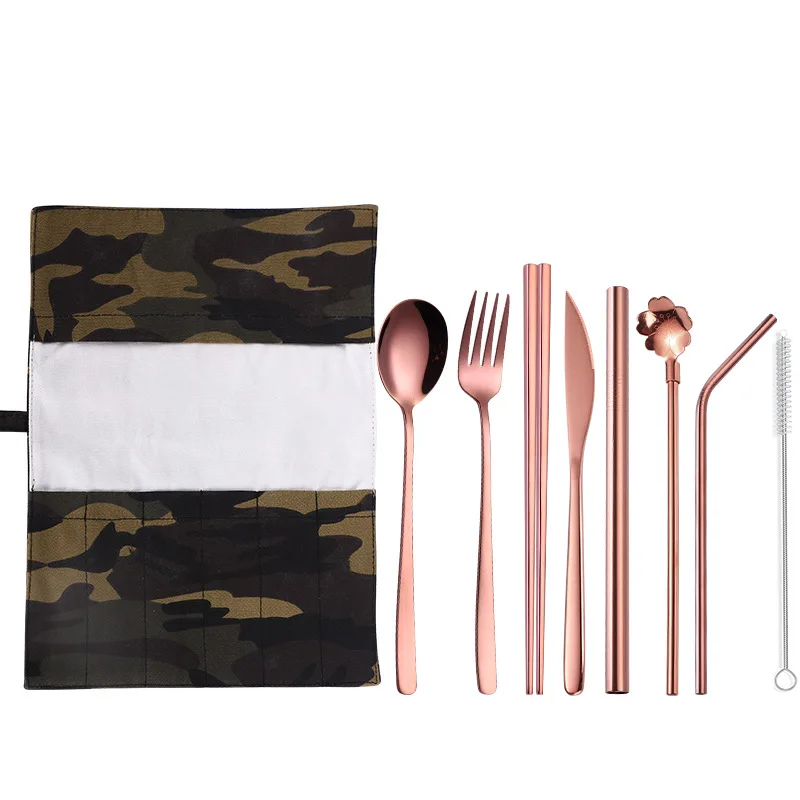 2019NEW Tableware 9PCS Stainless Steel Cutlery Set Chopsticks Fork Spoon Straw with Close Bag | Дом и сад