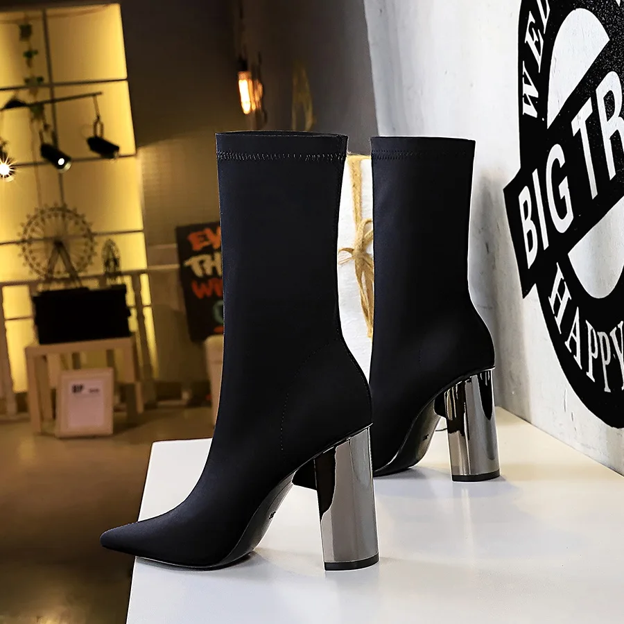 BIGTREE New Ankle Boots Autumn Pointed Toe Stretch Knitting Sock Boots Plus Size High Heels Female Slip On Lady Shoes