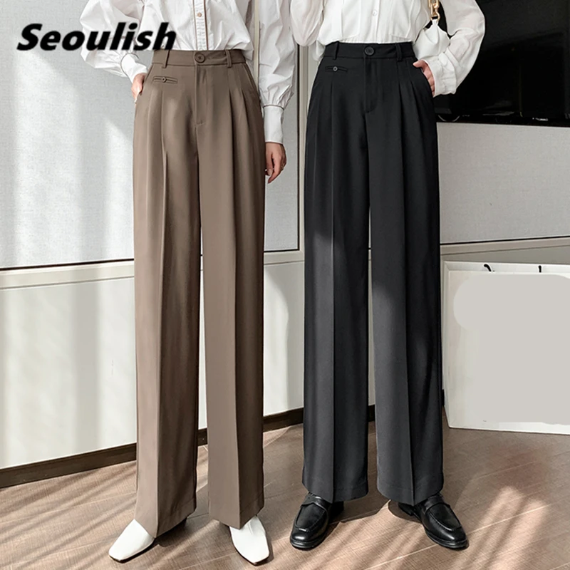 

Seoulish 2021 New Button Formal Women's Wide Leg Long Pants High Waist Female Workwear Elegant Trouses Pockets Spring Summer