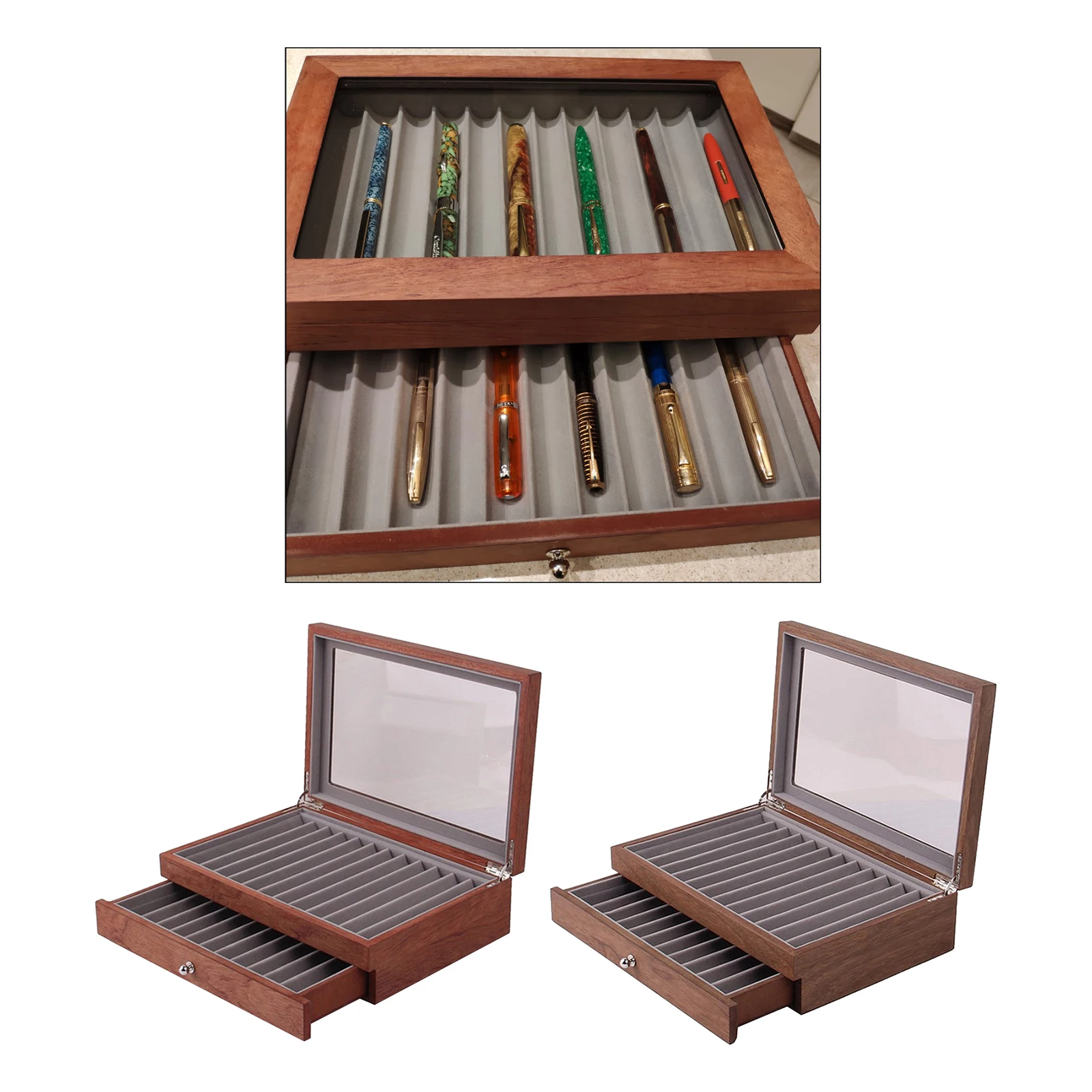 

Large Capacity Practical 2 Layer 23 Slots Wood Pen Display Case with Lid Window with Drawer