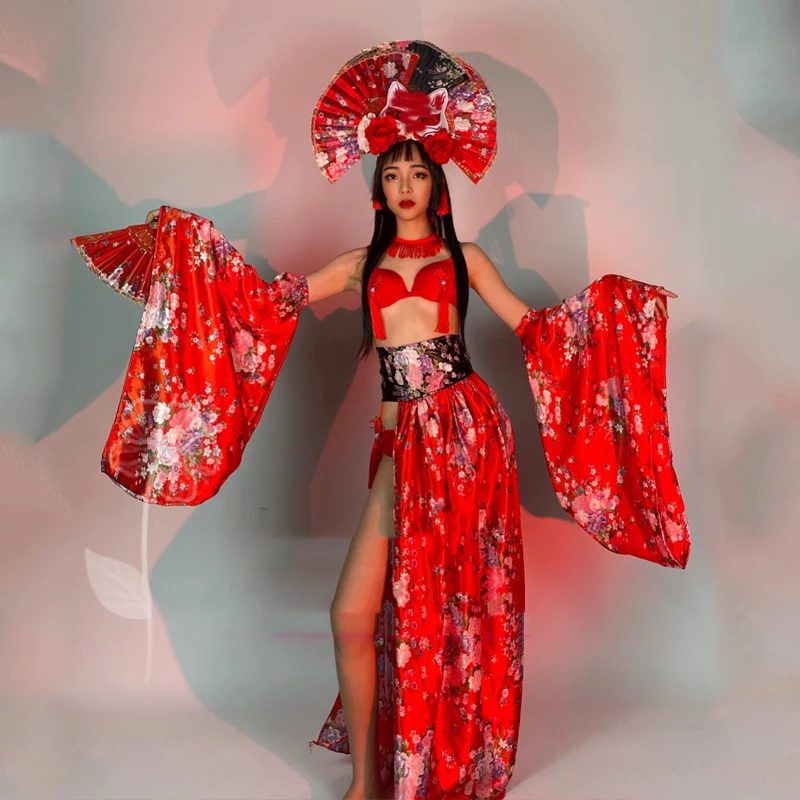 

Красное кимоно для ночного клуба, певицы, сексуальный сценический костюм для танцовщицы, костюм бикини, праздничная одежда, одежда в стиле р...