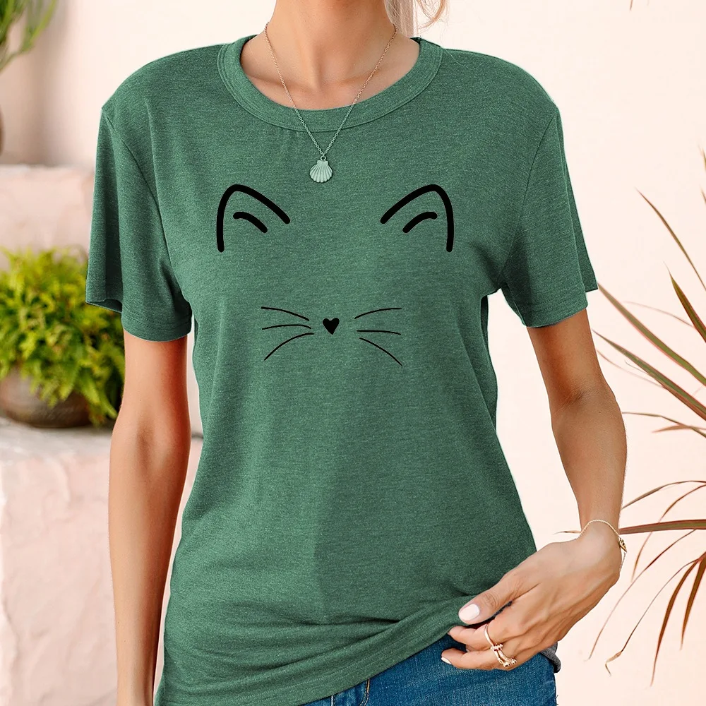 

Casual Fashion Women Korean Style Creative Cute Cat Graphic Clothing Crew Neck T-Shirt Funny Harajuku Regular Comfort Female