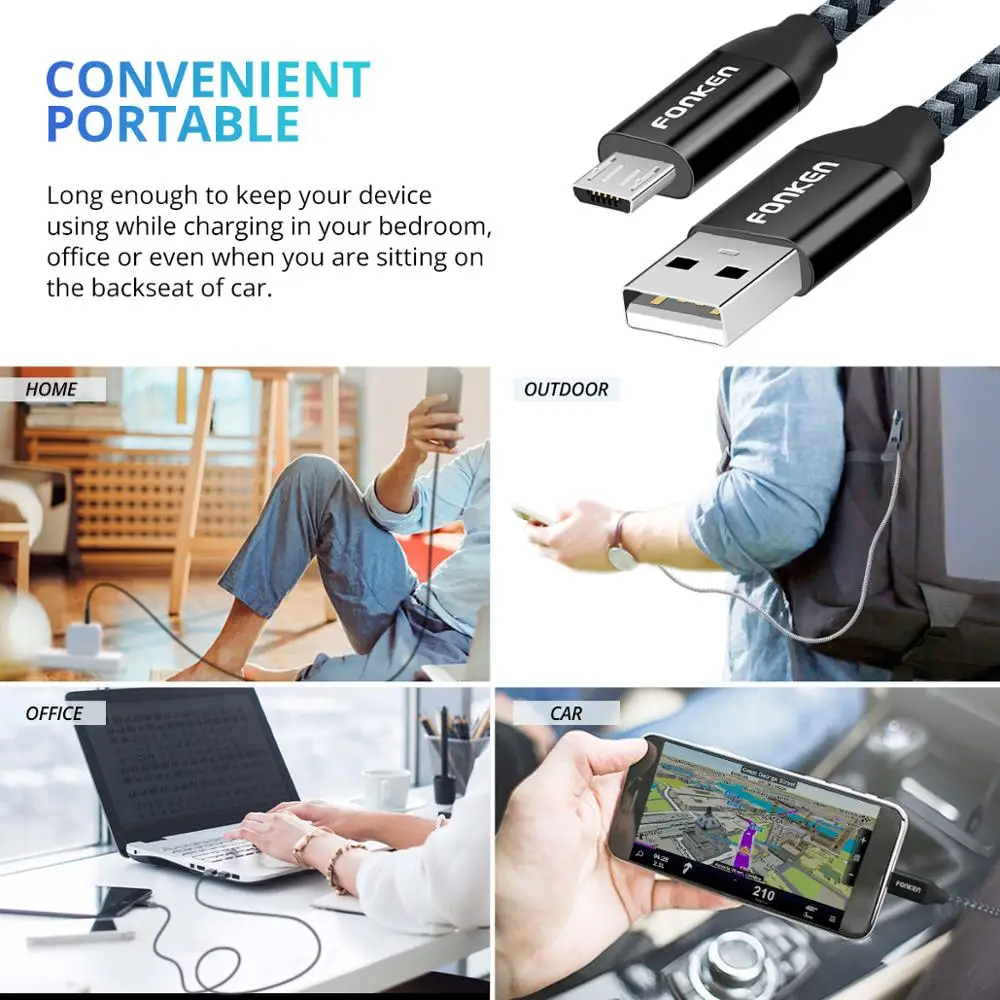 FONKEN Micro USB кабель для зарядки телефона 1 м 2 Supercharge redmi note 6 быстрое зарядное