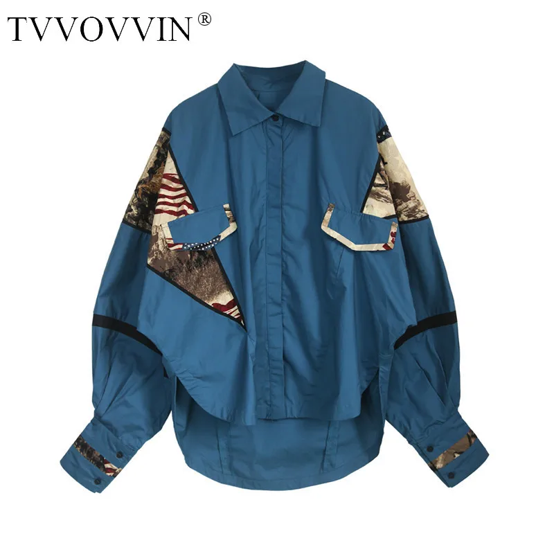 TVVOVVIN, новинка, весна-лето, лацканы, длинный рукав, синий рисунок, рисунок, свободная, индивидуальная рубашка, женская блузка, L582