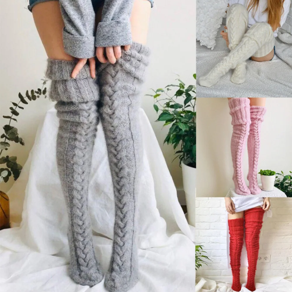 Foot Warmer Stockings European and American Autumn and Winter Solid Color Over-the-knee Socks Stockings Thick Female Socks