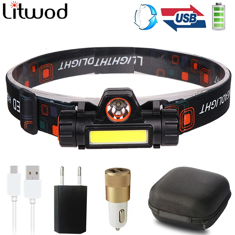 

Светодиодный налобный фонарь XPE + COB, портативный фонарь, лампа с USB-зарядкой и встроенным аккумулятором 18650, уличный походный ночной Светильн...