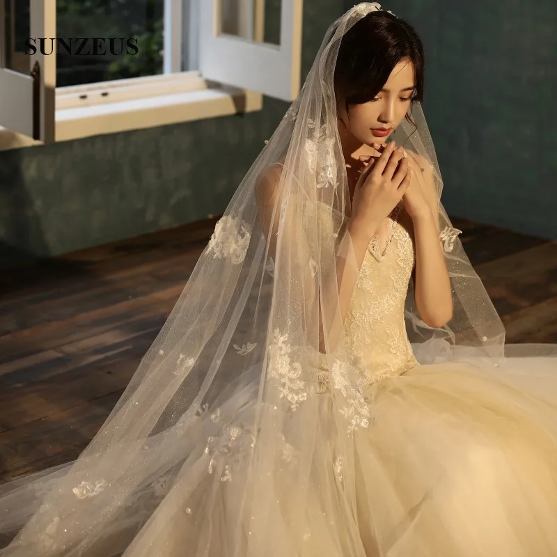 2019 свадебная вуаль 4 метра длинный Блестящий тюль на голову с аппликацией жемчуг