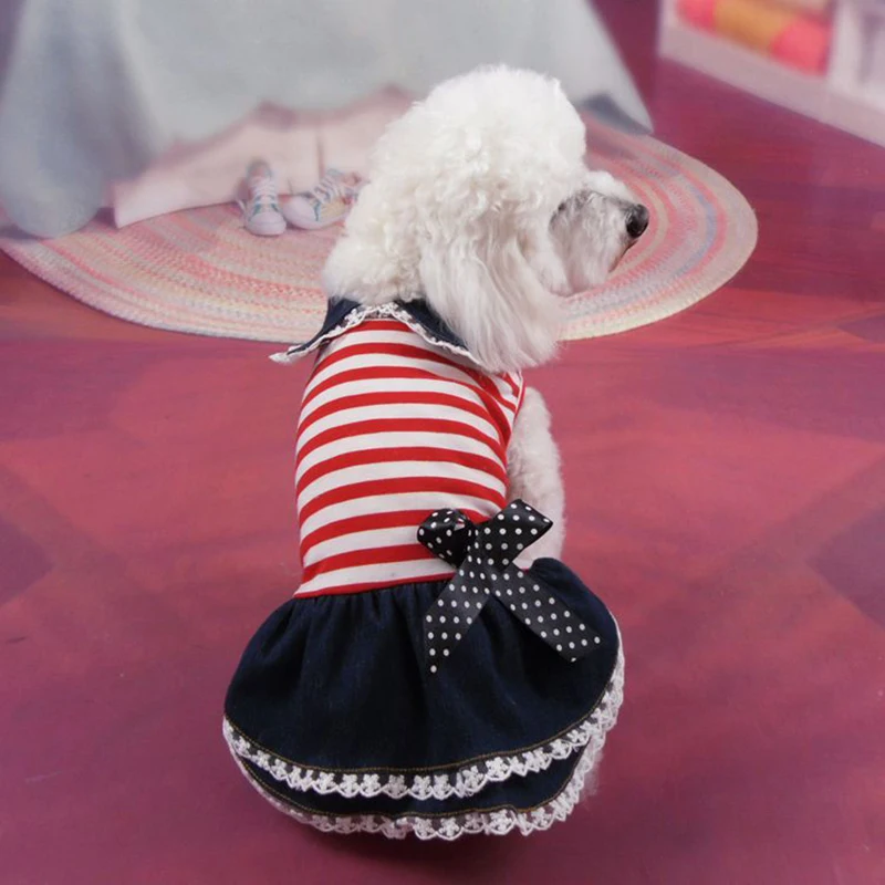 

Pet Dog Vest Skirt Spring Summer Splicing Striped Double Defined Waist Dog Clothes Chihuahua Poodle Paux Bowknot Cats Dresses