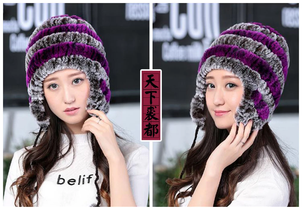 Lady Real Fur Earflap Hats Women Natural Rex Rabbit Fur Beanies Cap Russian Winter Warm Genuine Fur Hat Wholesale