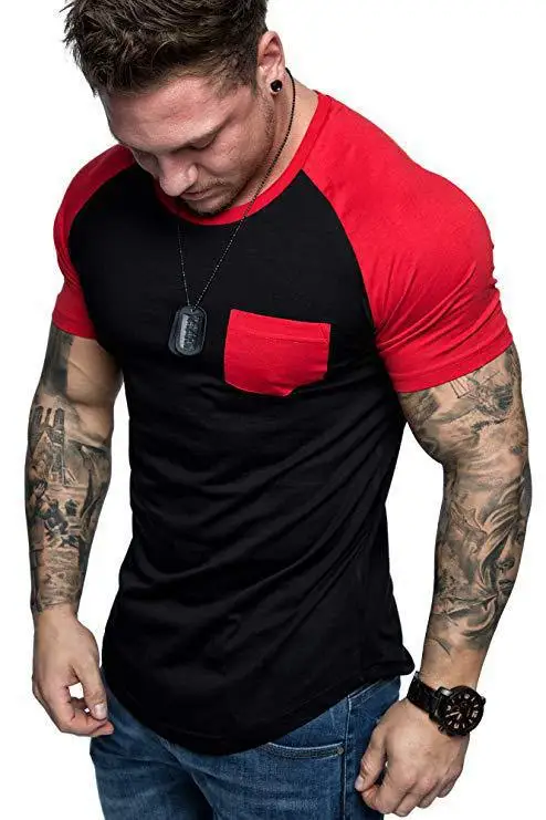 

Tshirt Men Patch Pockets Color Matching Fashion Sports Short Sleeves Summer 90s Shirt Exercise Running Clothes Cool Red