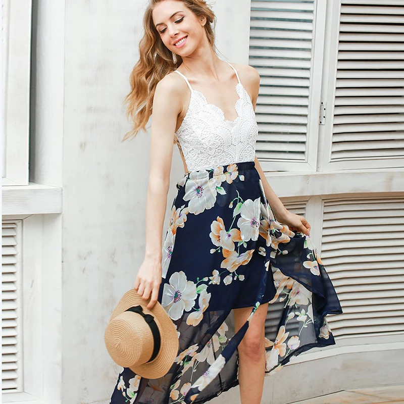 Женское платье с цветочным принтом MIOFAR длинное кружевное V-образным вырезом и