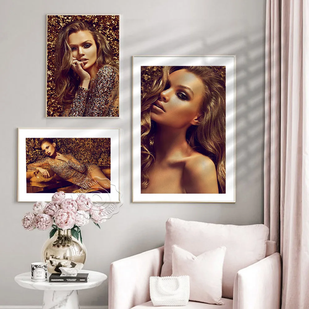 

Golden Long Hair Beauty Prints Poster, Big Eye Gril Facial Expression Close Up Art Print, Grace Figure Side Face Home Wall Decor