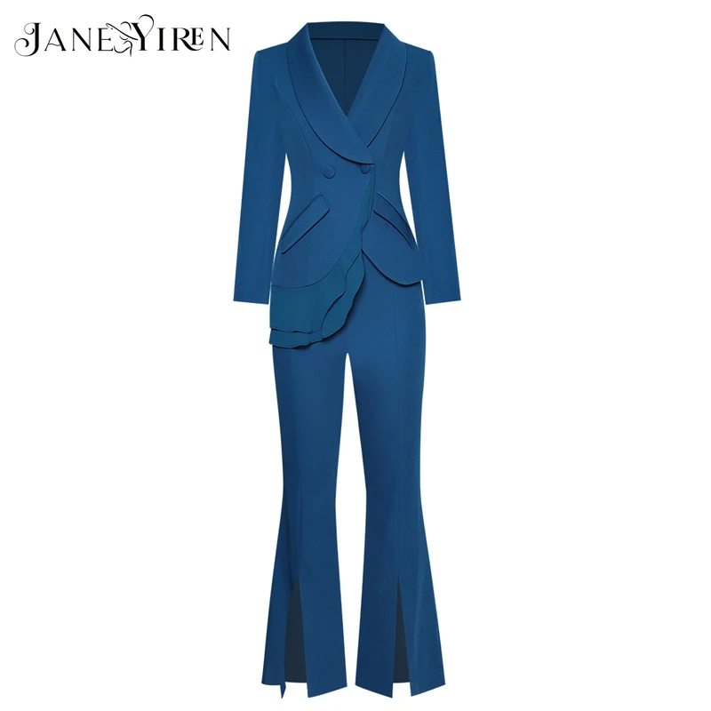

Janeyiren Fashion Designer Set Autumn Winter Women turn-down collar Long sleeve Ruffles Suit Tops+Split trousers Two-piece sets