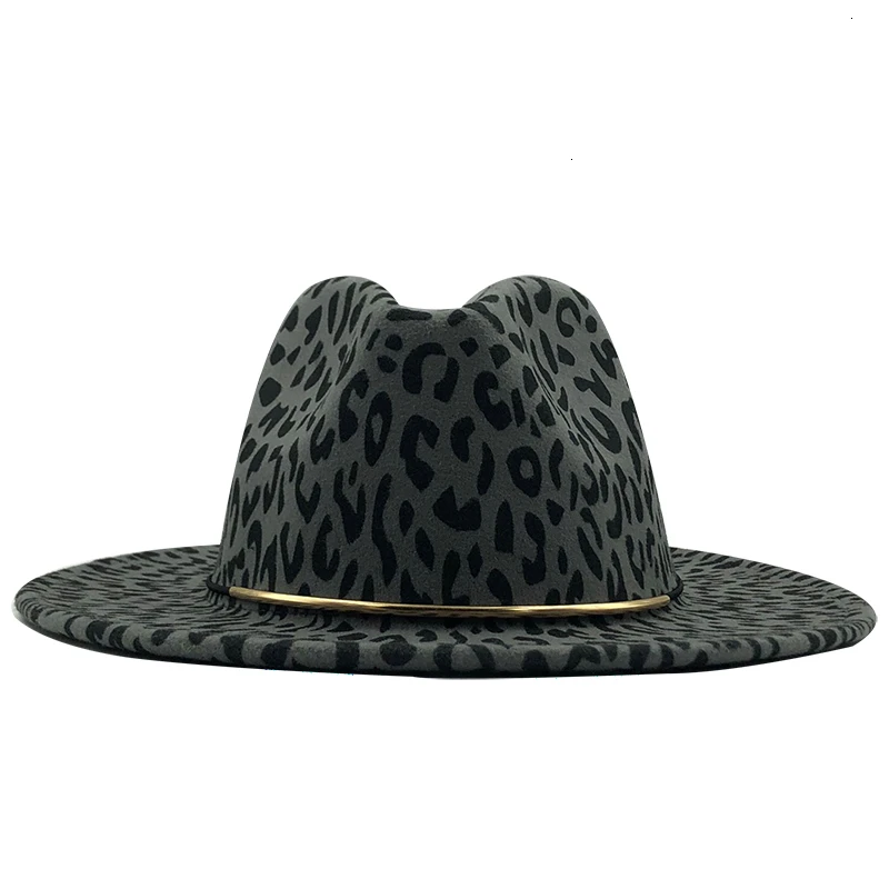 Simple Unisex Flat Brim Wool Felt Jazz Fedora Hats Men Women Leopard Grain Leather Band Decor Trilby Panama Formal Hats