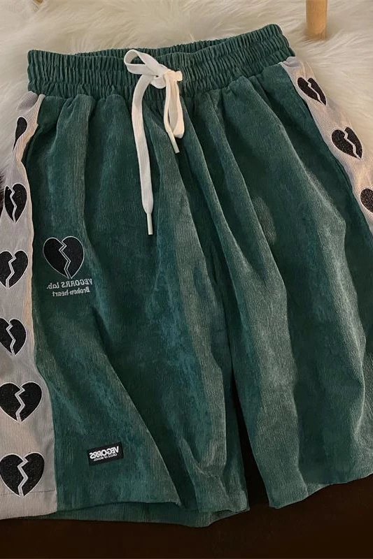 

Summer thin love embroidery color matching sports shorts women hip hop loose wide leg straight versatile casual Capris